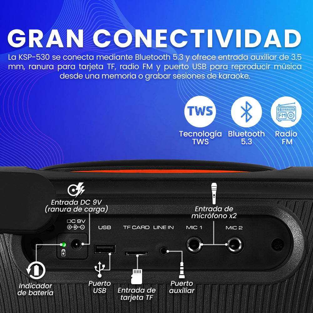 BAFLE VORAGO KSP-530 40W RMS 2x6" + 2x2.5" TWEETER 5400mAh FLAME LIGHT TWS USB / TF / BT / AUX