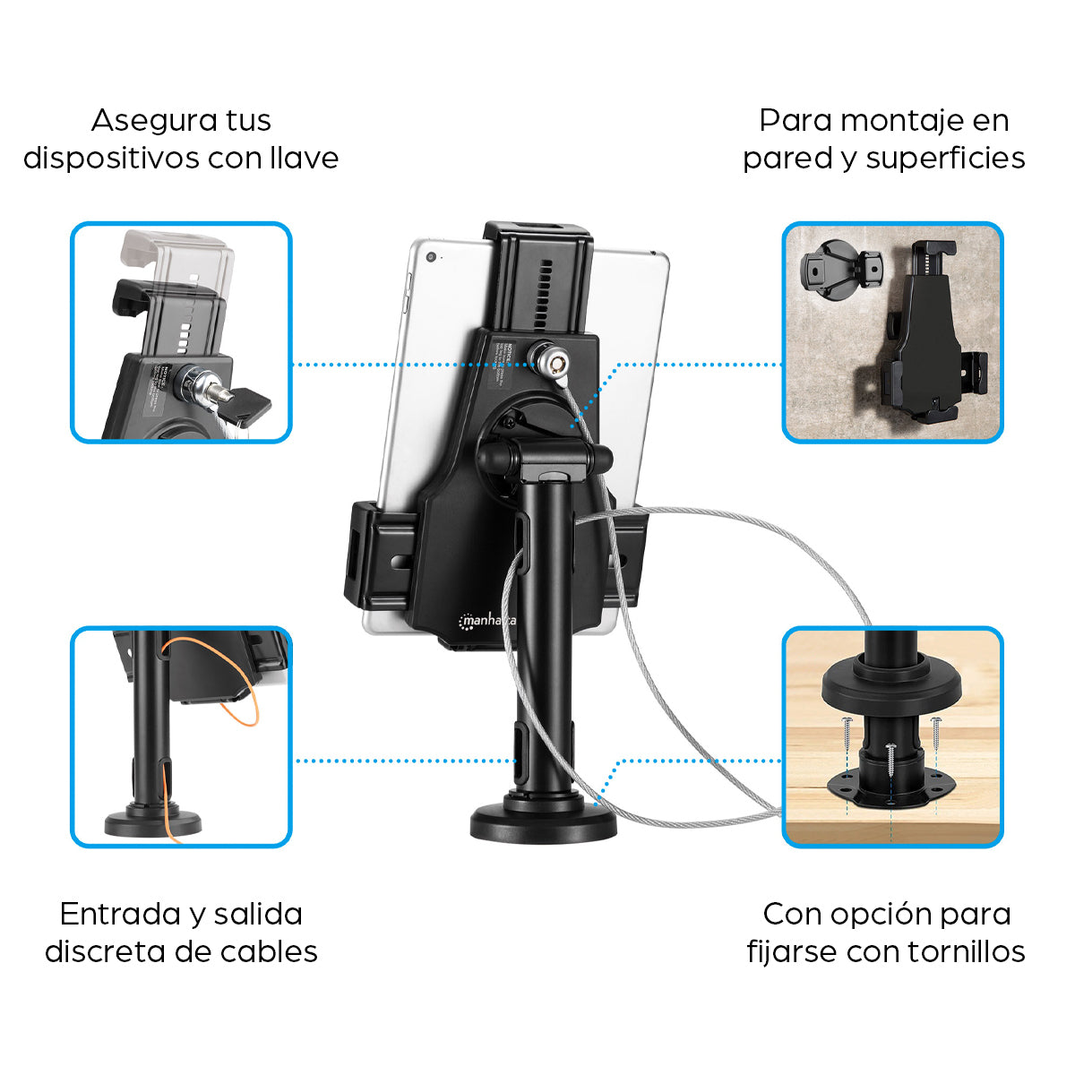 Manhattan Soporte de sobremesa para iPad y tablet, bloqueable, montable en pared, antirrobo, para tablets de 7,9" a 10,5