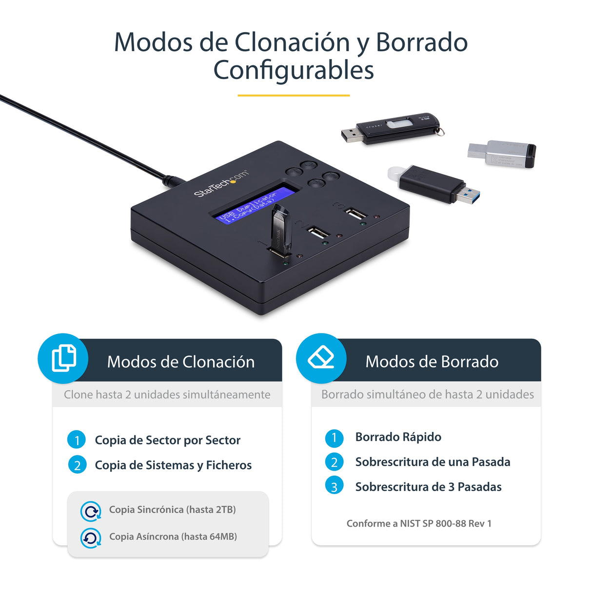 StarTech.com Clonador Autónomo 1:2 para Memorias USB - Copiador de Unidades de Memoria USB - Copia Sector por Sector de Sistema y Ficheros - 1,5 GB/mi