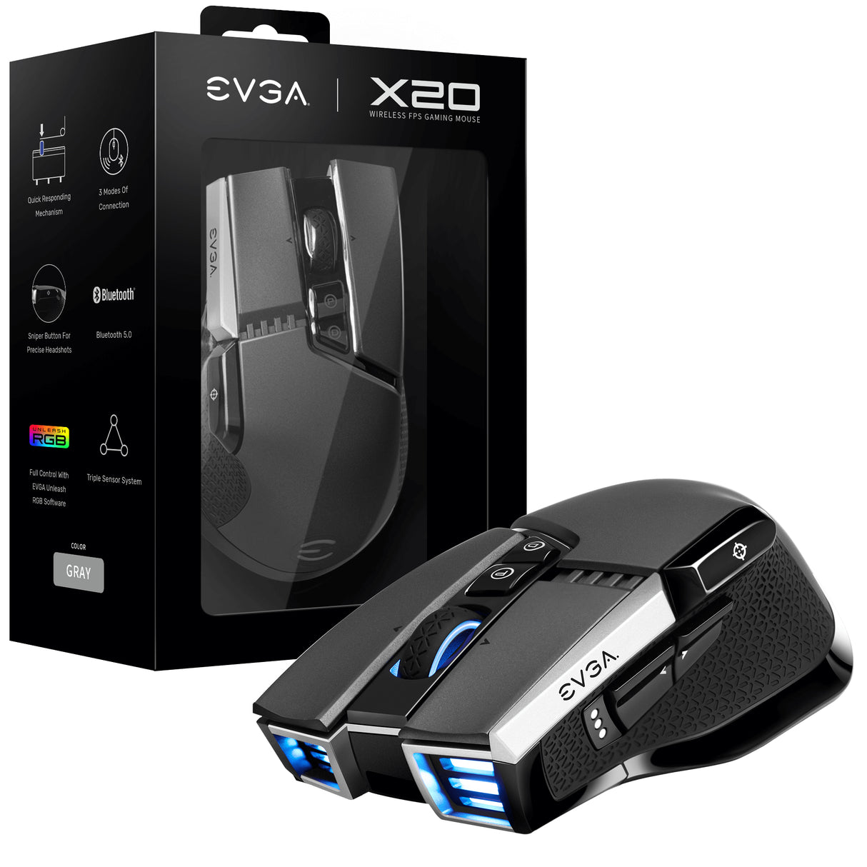 EVGA X20 ratón Juego Diestro RF Wireless + Bluetooth + USB Type-A Óptico 16000 DPI, Gris