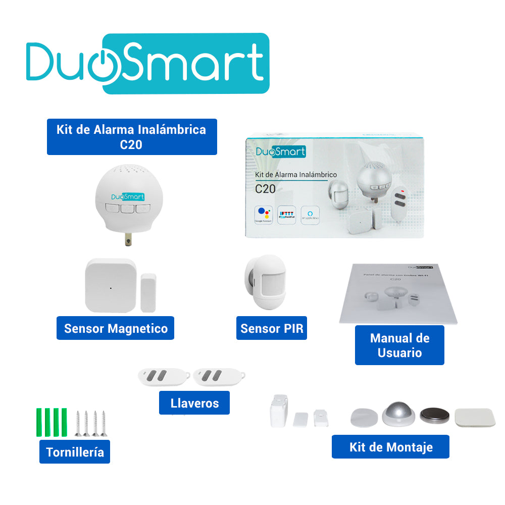 DuoSmart C20 sistema de alarma de seguridad Wifi Blanco, Botones, Escritorio/pared, 2.4 GHz