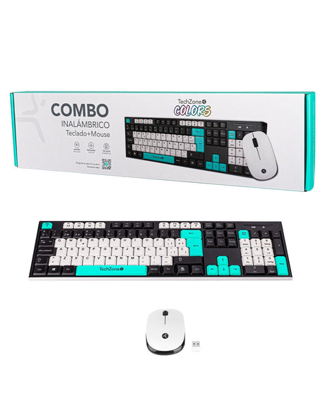 Kit Teclado y Mouse Techzone Gradient Negro c/azul menta y blanco conexión inalámbrica con 105 teclas y Mouse con 3 Boto