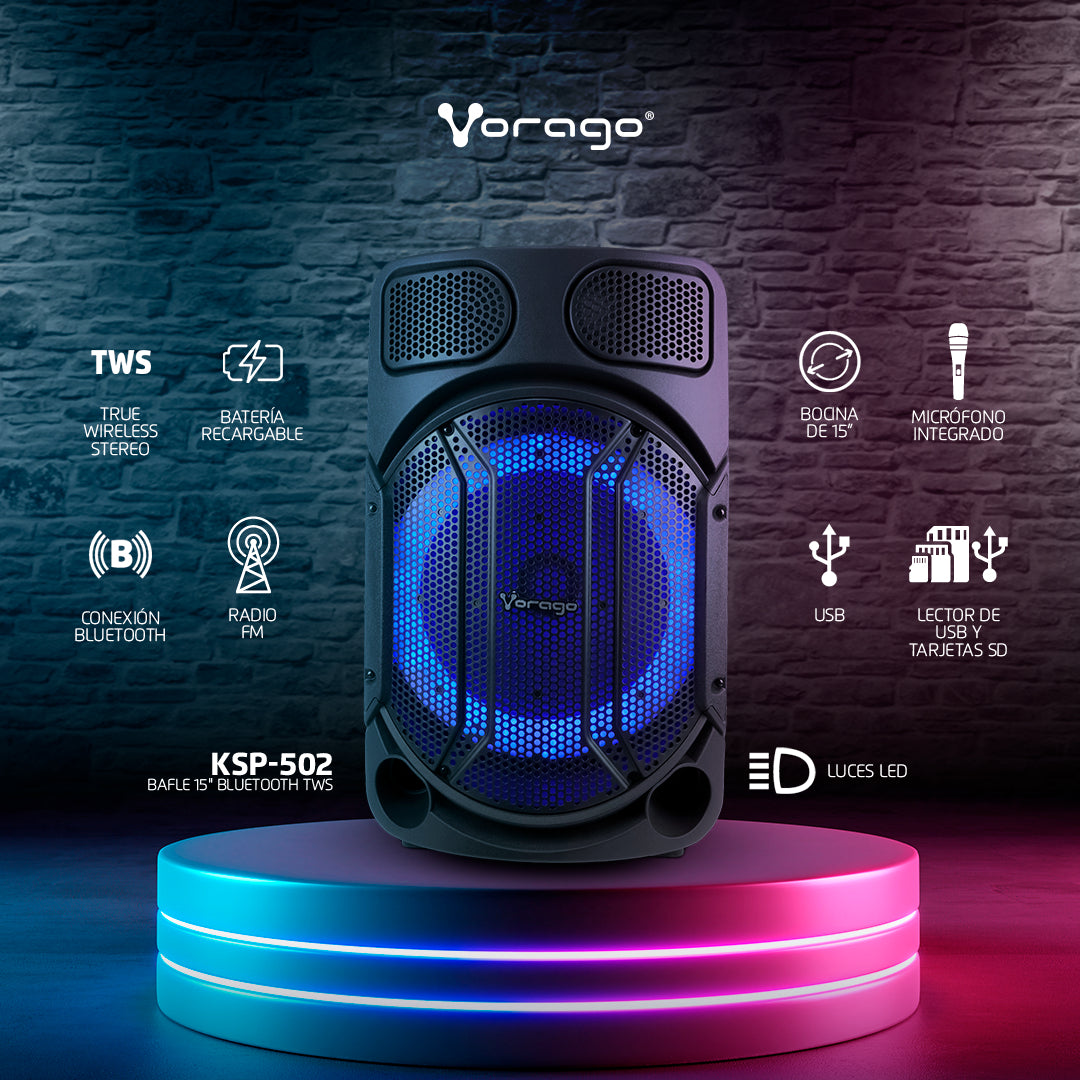 BAFLE VORAGO KSP-502 15" 80W FM BLUETOOTH RECARGABLE 1 MICRÓFONO TWS