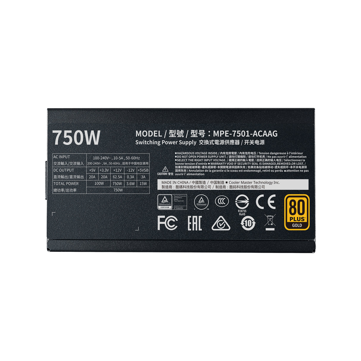 Cooler Master MWE Gold 750 - V2 Full Modular unidad de fuente de alimentación 750 W 24-pines ATX ATX Negro, 90 -264 V, A
