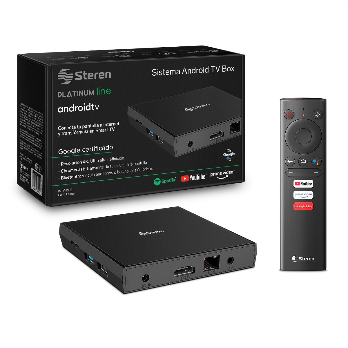 Steren INTV-1000 decodificador o receptor de TV Ethernet (RJ-45), WLAN 4K Ultra HD Negro, MicroSD (TransFlash), 128 GB, 