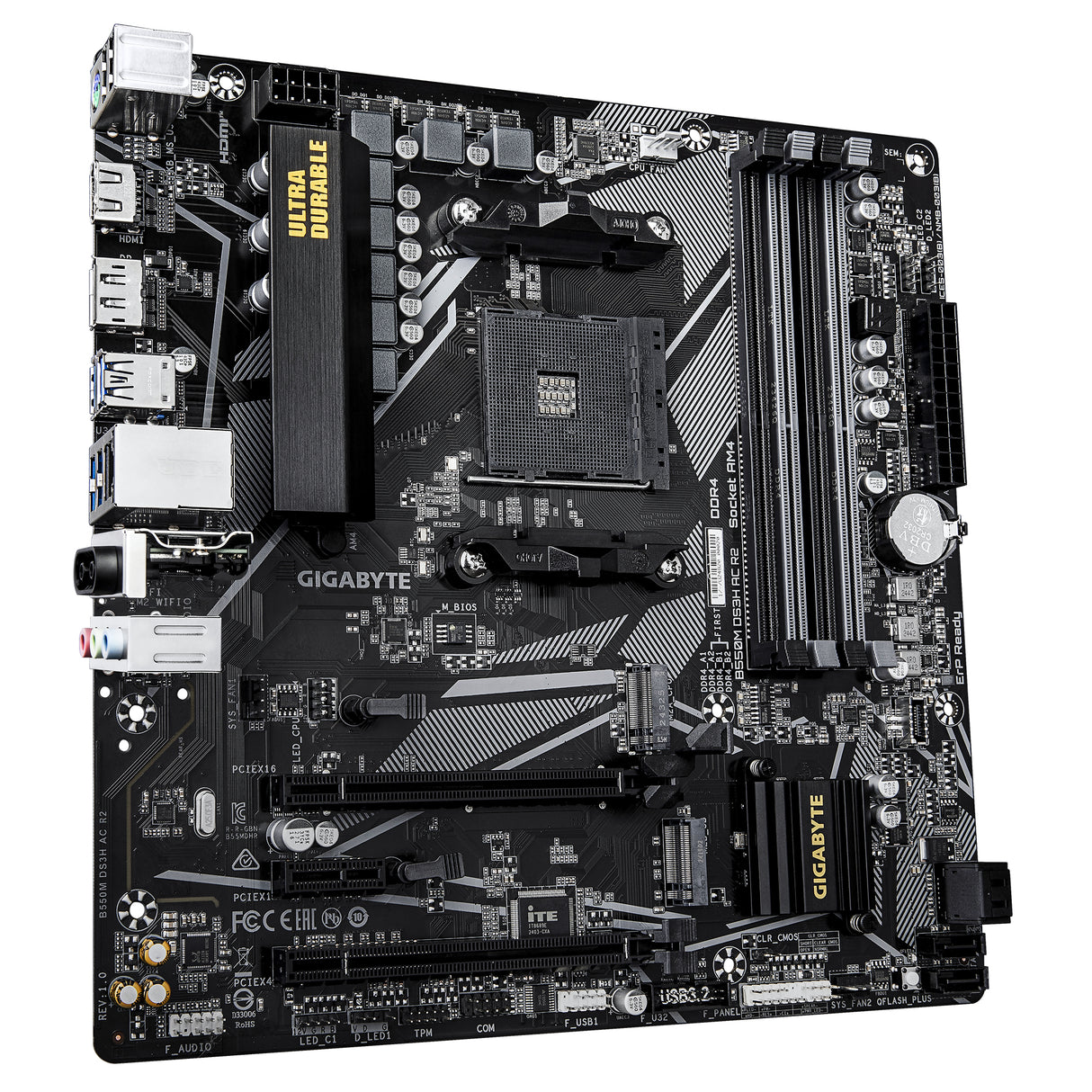 GIGABYTE B550M DS3H AC R2 Placa base - Procesadores AMD Ryzen 5000, VRM de 5+3 fases, hasta 4733 MHz DDR4 (O.C.), 1x M.2 PCIe 4.0 + 1x M.2 PCIe 3.0, Wi-Fi 5, LAN 1 GbE, USB 3.2 Gen 1 placas base AMD Zócalo AM4 Zócalo AM4 DDR4-SDRAM
