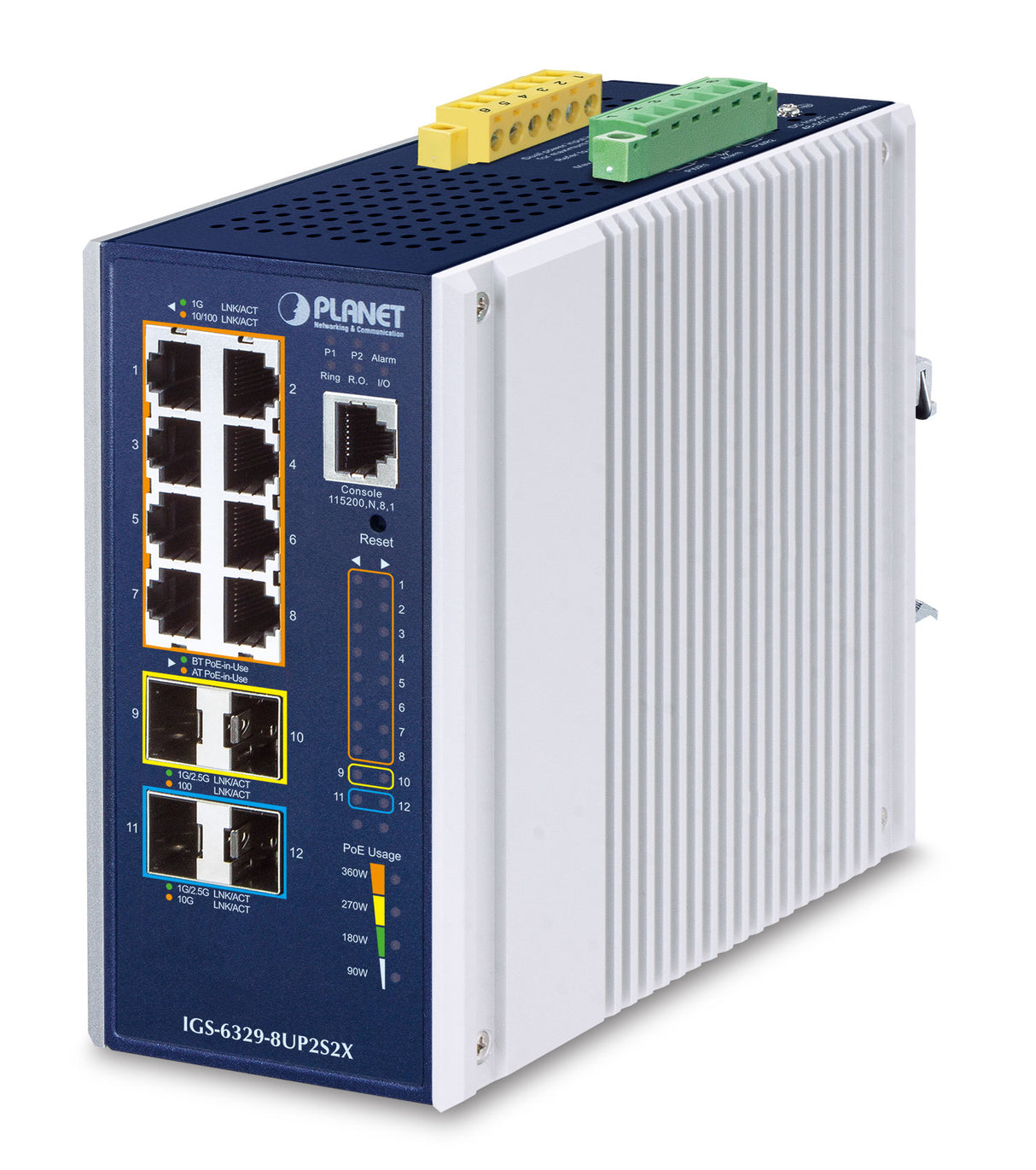 PLANET IP30 DIN-rail Industrial L3 Gestionado Gigabit Ethernet (10/100/1000) Energía sobre Ethernet (PoE) Azul, Gris