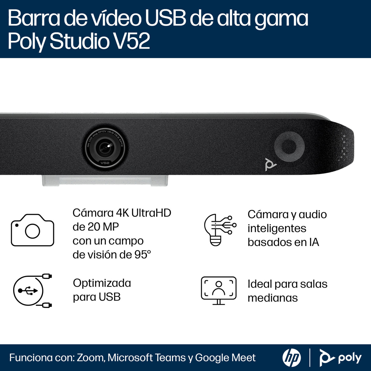HP Poly Barra de vídeo USB Poly Studio V52 cámaras de videoconferencia Cámara única Si 5 x 95 °