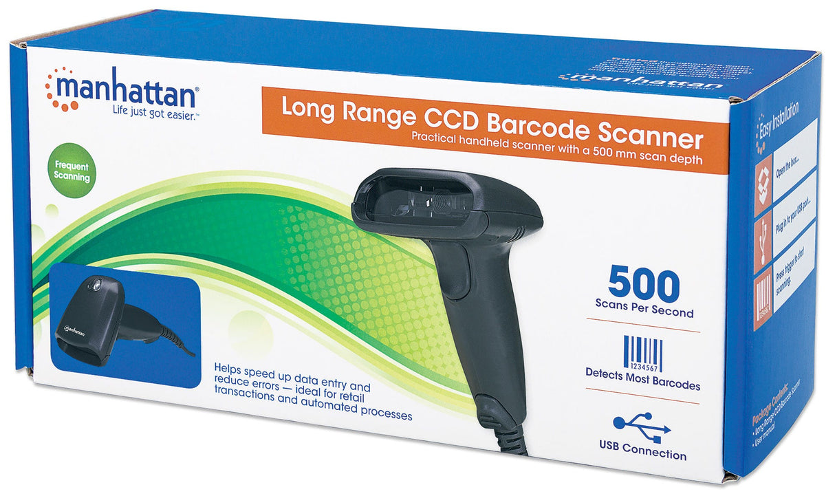 Manhattan Escáner CCD de contacto de largo alcance, de mano, USB, profundidad de lectura 500 mm, cable 1,5 m, luz ambiental máx. 10.000 lux, negro, garantía 3 años lectores de código barras 1D CCD No compatible 50 mm