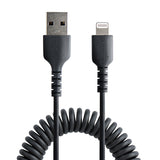 StarTech.com Cable de 1m USB a Lightning con Certificación MFi, Cable Rizado de Carga para iPhone, Negro, con Recubrimie