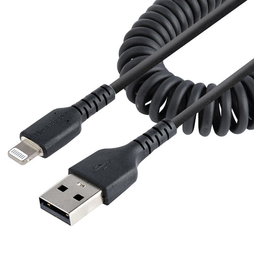 StarTech.com Cable de 1m USB a Lightning con Certificación MFi, Cable Rizado de Carga para iPhone, Negro, con Recubrimie