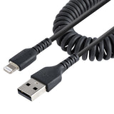 StarTech.com Cable de 1m USB a Lightning con Certificación MFi, Cable Rizado de Carga para iPhone, Negro, con Recubrimie