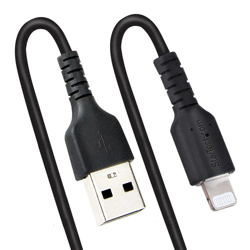 StarTech.com Cable de 1m USB a Lightning con Certificación MFi, Cable Rizado de Carga para iPhone, Negro, con Recubrimie