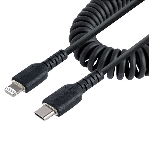 StarTech.com Cable de 50cm USB-C a Lightning MFi, Cable USB Tipo C Rizado de Carga Negro para iPhone, con Recubrimiento 