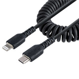 StarTech.com Cable de 1m USB-C a Lightning MFi, Cable USB Tipo C Rizado de Carga Negro para iPhone, con Recubrimiento de