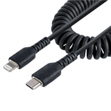 StarTech.com Cable de 1m USB-C a Lightning MFi, Cable USB Tipo C Rizado de Carga Negro para iPhone, con Recubrimiento de