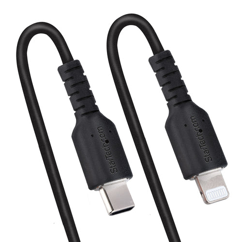 StarTech.com Cable de 1m USB-C a Lightning MFi, Cable USB Tipo C Rizado de Carga Negro para iPhone, con Recubrimiento de