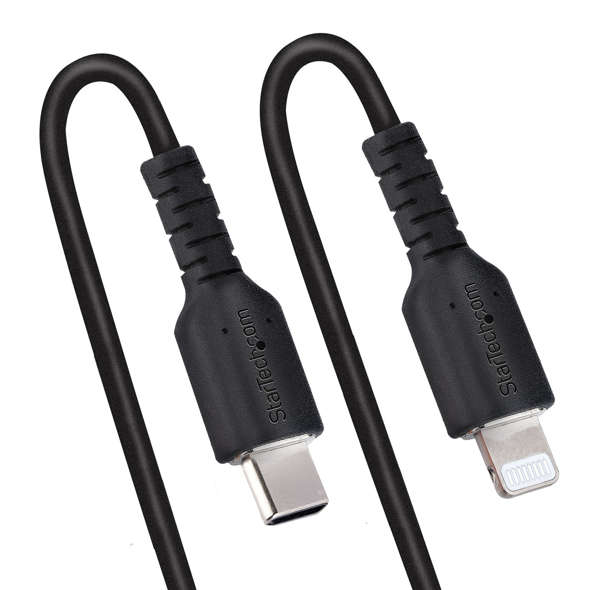 StarTech.com Cable de 1m USB-C a Lightning MFi, Cable USB Tipo C Rizado de Carga Negro para iPhone, con Recubrimiento de