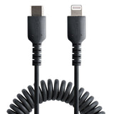 StarTech.com Cable de 50cm USB-C a Lightning MFi, Cable USB Tipo C Rizado de Carga Negro para iPhone, con Recubrimiento 