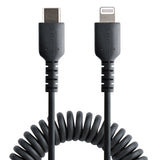 StarTech.com Cable de 1m USB-C a Lightning MFi, Cable USB Tipo C Rizado de Carga Negro para iPhone, con Recubrimiento de