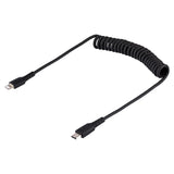 StarTech.com Cable de 1m USB-C a Lightning MFi, Cable USB Tipo C Rizado de Carga Negro para iPhone, con Recubrimiento de