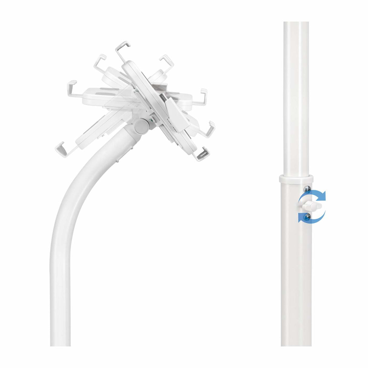 Manhattan Soporte de suelo antirrobo para tablet e iPad, universal, rotación 360°, inclinación +20° a −110°, bloqueable, para tablets de 7,9" a 11", altura ajustable, color blanco soportes Tablet/UMPC Interior Plástico, Acero Blanco