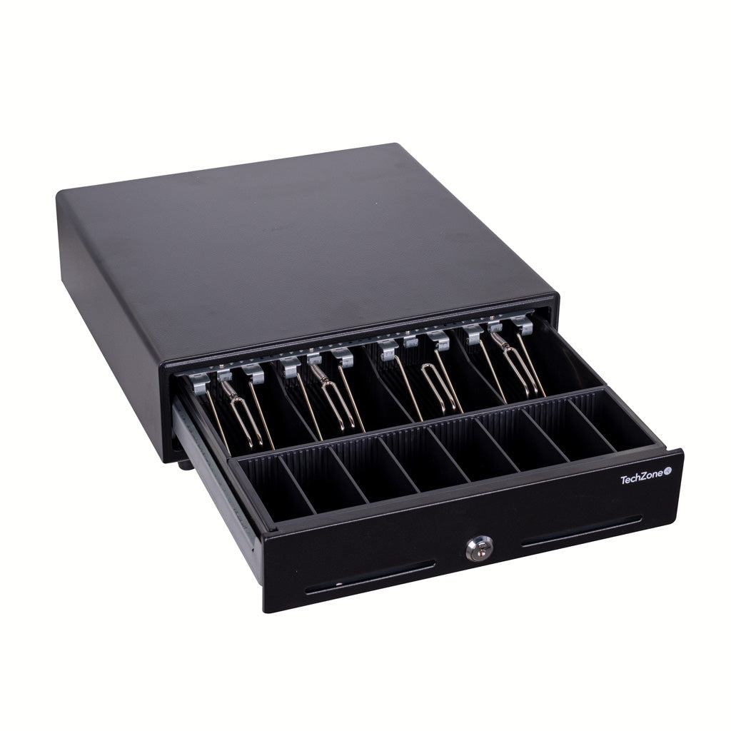 TechZone TZBE4B8M90 cajón de efectivo Cajón electrónico de dinero, Acero, Negro, Plástico