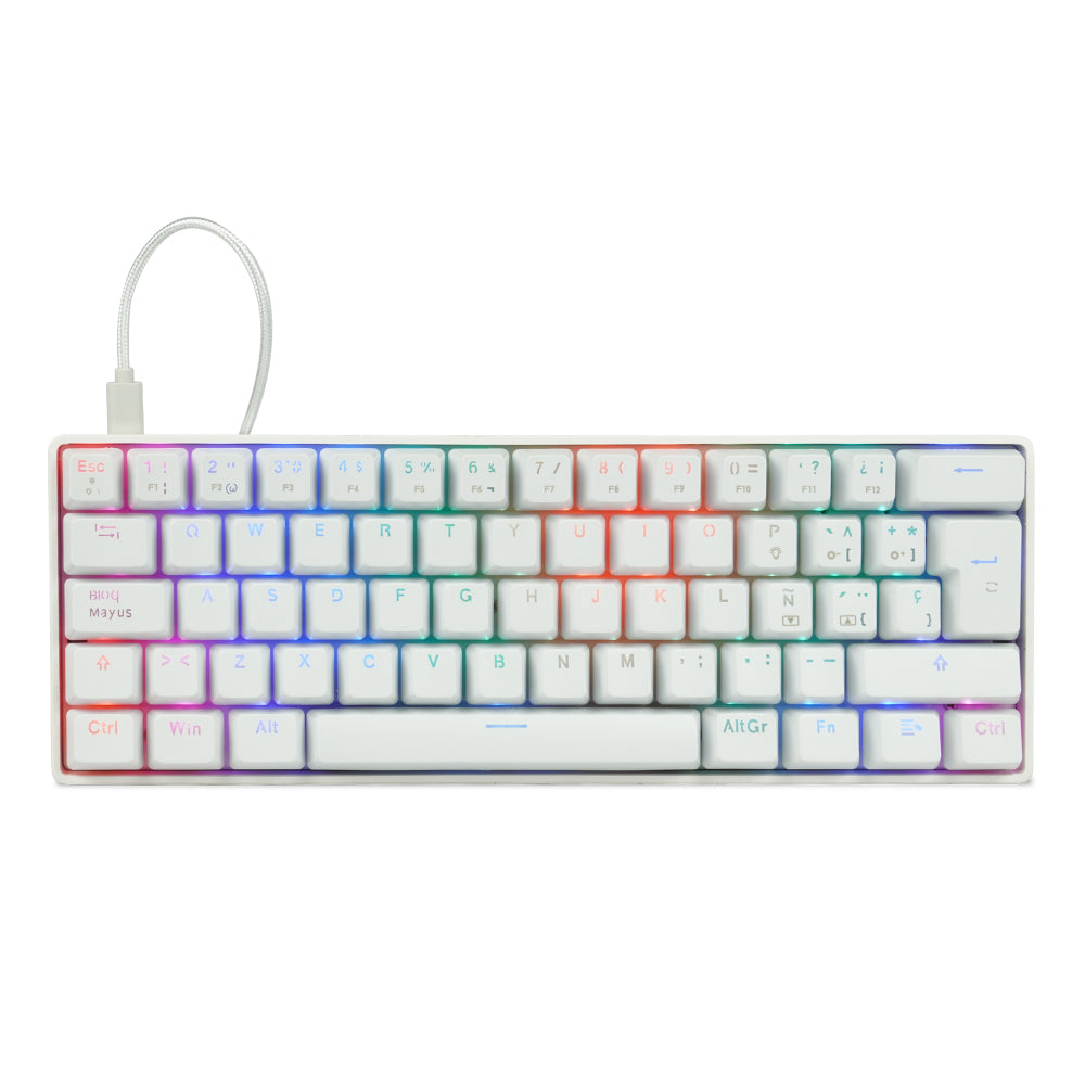 TECLADO MECÁNICO 60% GAME FACTOR KBG560-WH, RGB, TECLAS EXTRAS PINK INTERCAMBIABLES, RED SWITCH, USB BLANCO