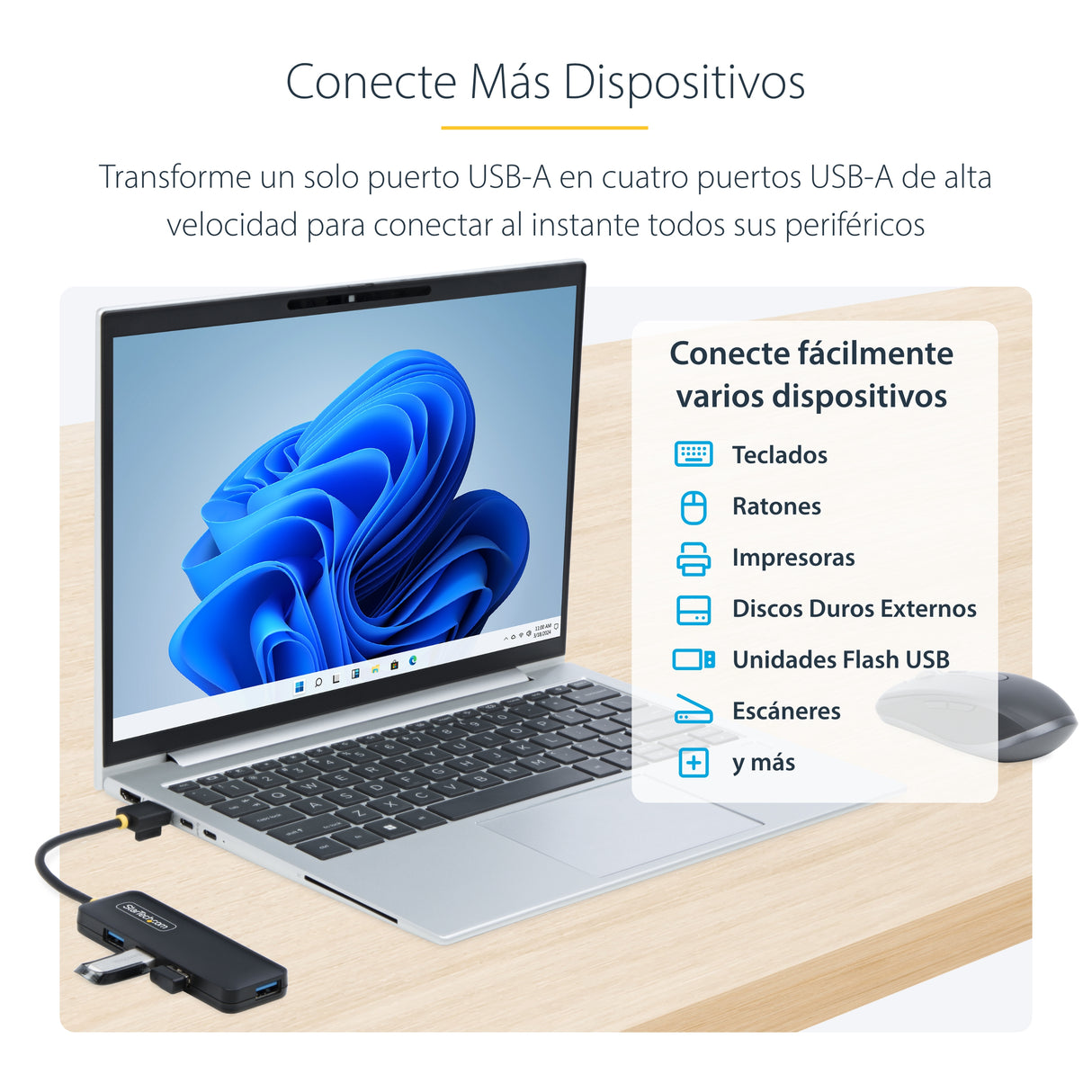 StarTech.com Hub USB-A de 4 Puertos - Ladrón USB de 4 Puertos - Alimentado por el Bus - USB 3.0 de 5Gbps - Hub Portátil
