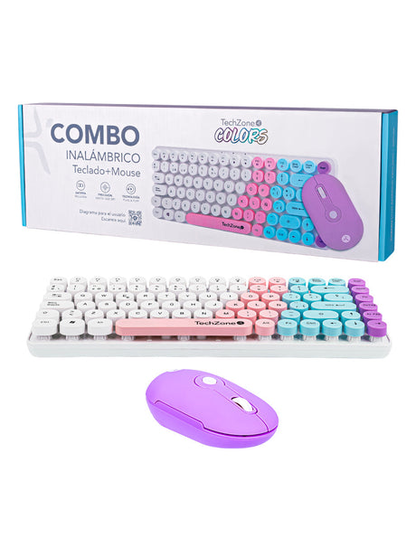 Kit Teclado y Mouse Techzone Gradient con Blanco-Rosa-Azul y Morado conexión inalambrica con 85 teclas y Mouse con 4 Bot