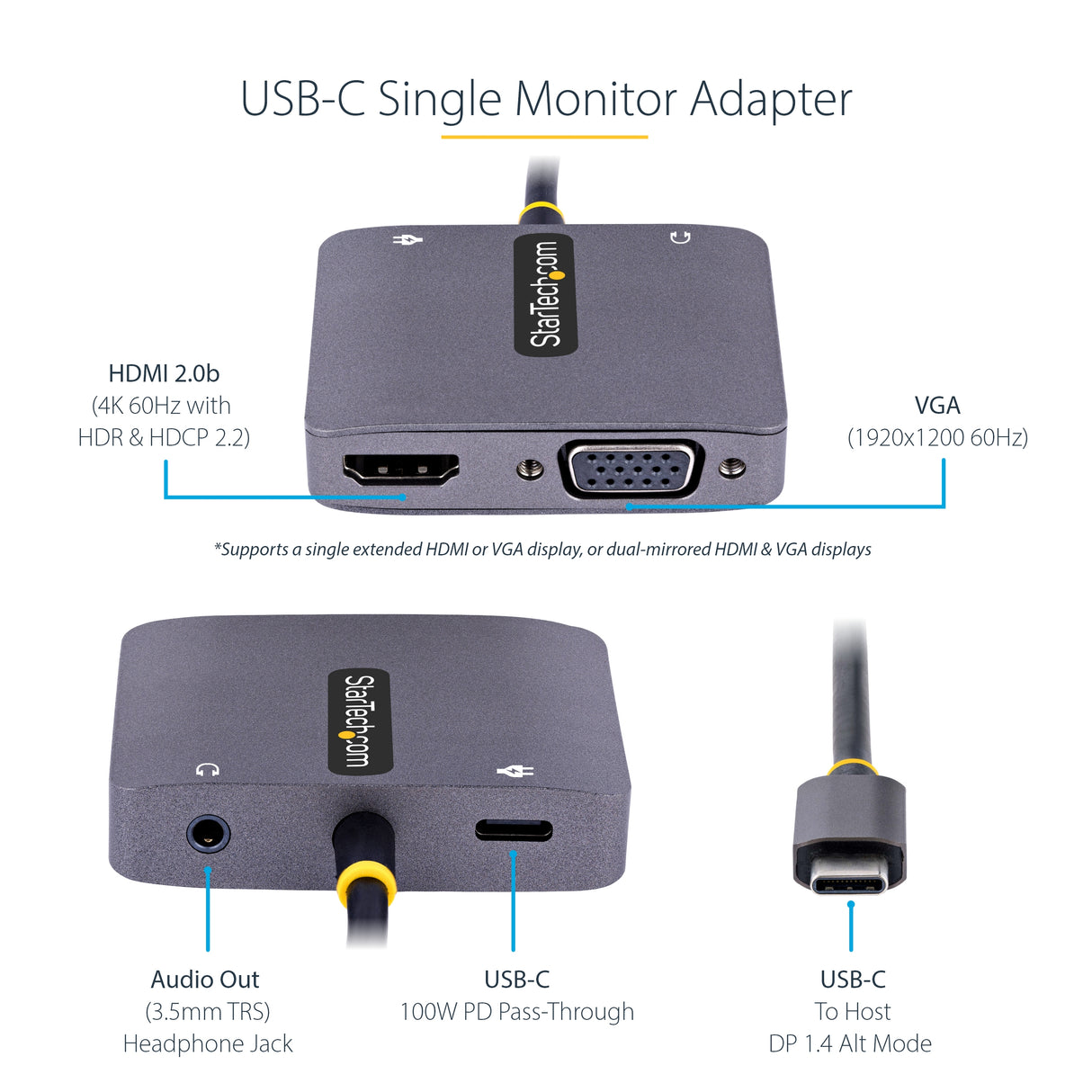 StarTech.com Adaptador de Vídeo USB C, Adaptador Multipuertos USB Tipo C a HDMI VGA con Salida de Audio de 3,5mm, HDR 4K a 60Hz, PD 3.0 de 100W, Compatible con Thunderbolt 3/4 adaptadores gráficos usb USB Tipo C Macho Derecho Si