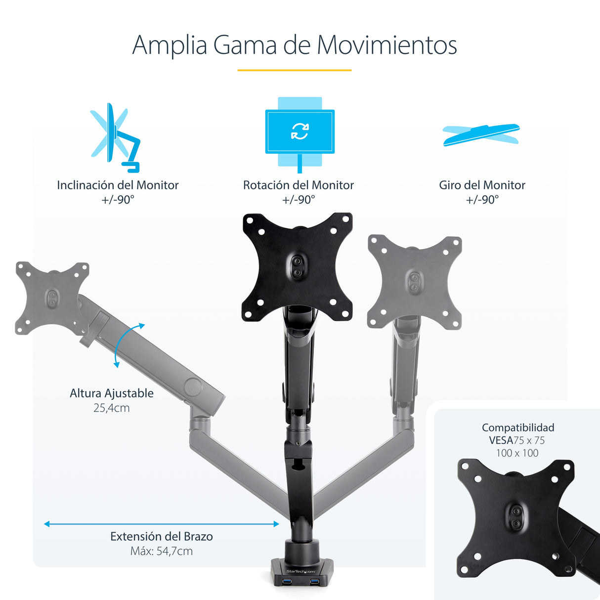 StarTech.com Brazo de Escritorio para Pantalla - Soporte VESA para Monitor hasta 34" (8kg) - Soporte VESA Articulado con Movimiento Total - Hub USB 3.0 de 2 Puertos - Grommet o Abrazadera - Resorte Monitor Negro