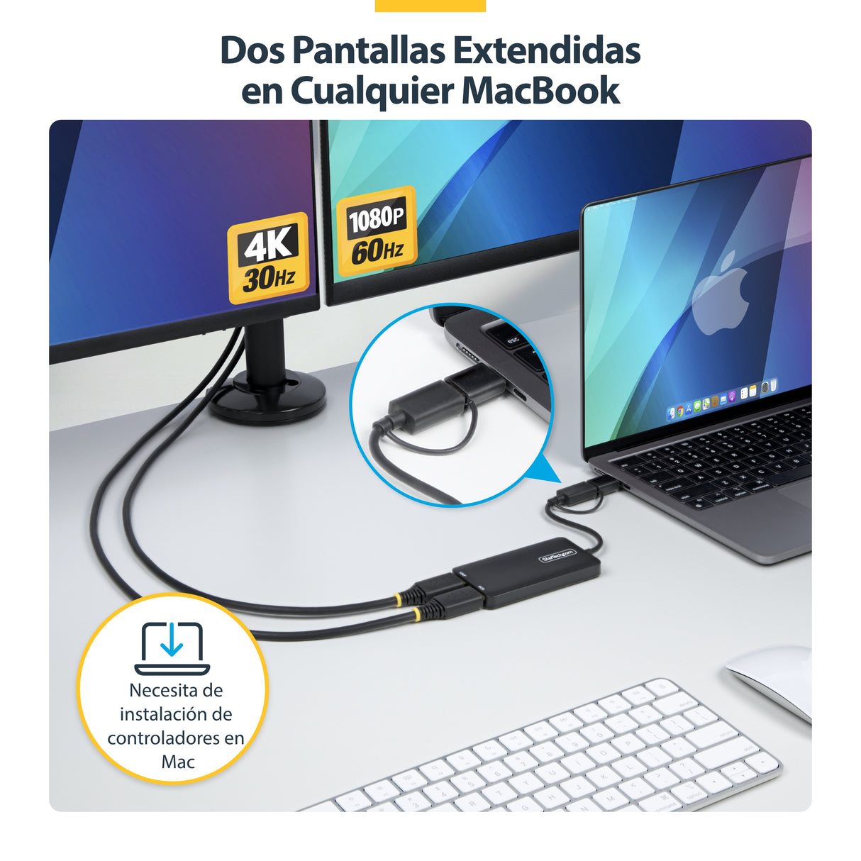 StarTech.com Adaptador de USB a HDMI Doble, USB A/C a 2 Pantallas HDMI (1x 4K30Hz, 1x 1080p), Dongle Integrado USB-A a C, Cable de 11cm, Adaptador USB 3.0 a HDMI, Windows y macOS adaptadores gráficos usb USB tipo A, USB Tipo C Macho Derecho Si