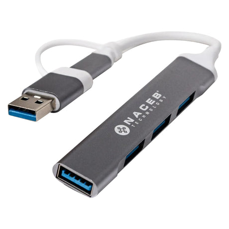 Naceb Technology NA-0124 nodo concentrador USB Tipo C Plata, Aluminio, Elastómero termoplástico (TPE), 0.011 m