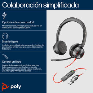 HP Poly Auriculares estéreo Poly Blackwire 8225 USB-C + Adaptador USB-C/A Auriculares Auriculares Diadema Oficina/Centro de llamadas Binaural