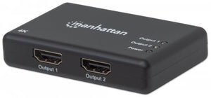Manhattan Splitter HDMI de 2 puertos, 4K@30 Hz, duplica la salida de 1 fuente HDMI a 2 pantallas (misma señal en ambas), alimentado por CA (cable 0,9 m), negro, garantía 3 años divisores de vídeo HDMI 2x HDMI 3 Si