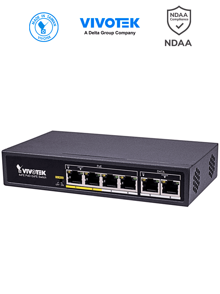 Switch PoE VIVOTEK AW-FET-060C-065: 4 Puertos PoE RJ45, 2 Puertos FE RJ45, Modo Extendido 200m, 30W por Puerto, 60W Totales, 1.2 Gbps, Protección 4KV