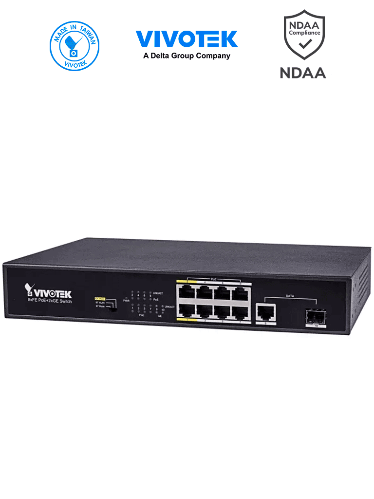 Switch PoE VIVOTEK AW-FGT-100D-120 8 Puertos FE RJ45, 2 Combo GE RJ45/SFP, 115W, 30W por Puerto, 2 Puertos Extendidos 250m, 6KV, 5.6 Gbps