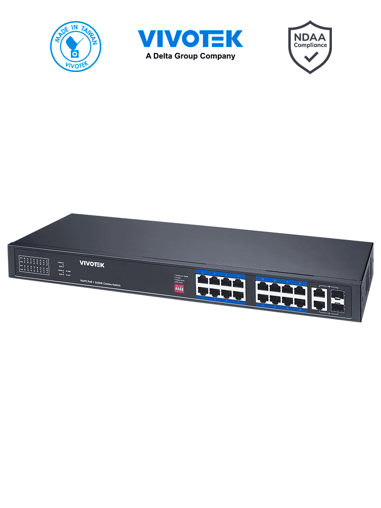 VIVOTEK Switch PoE AW-FGT-180P-250, 16 Puertos PoE, 30W, 250m, 7.2 Gbps