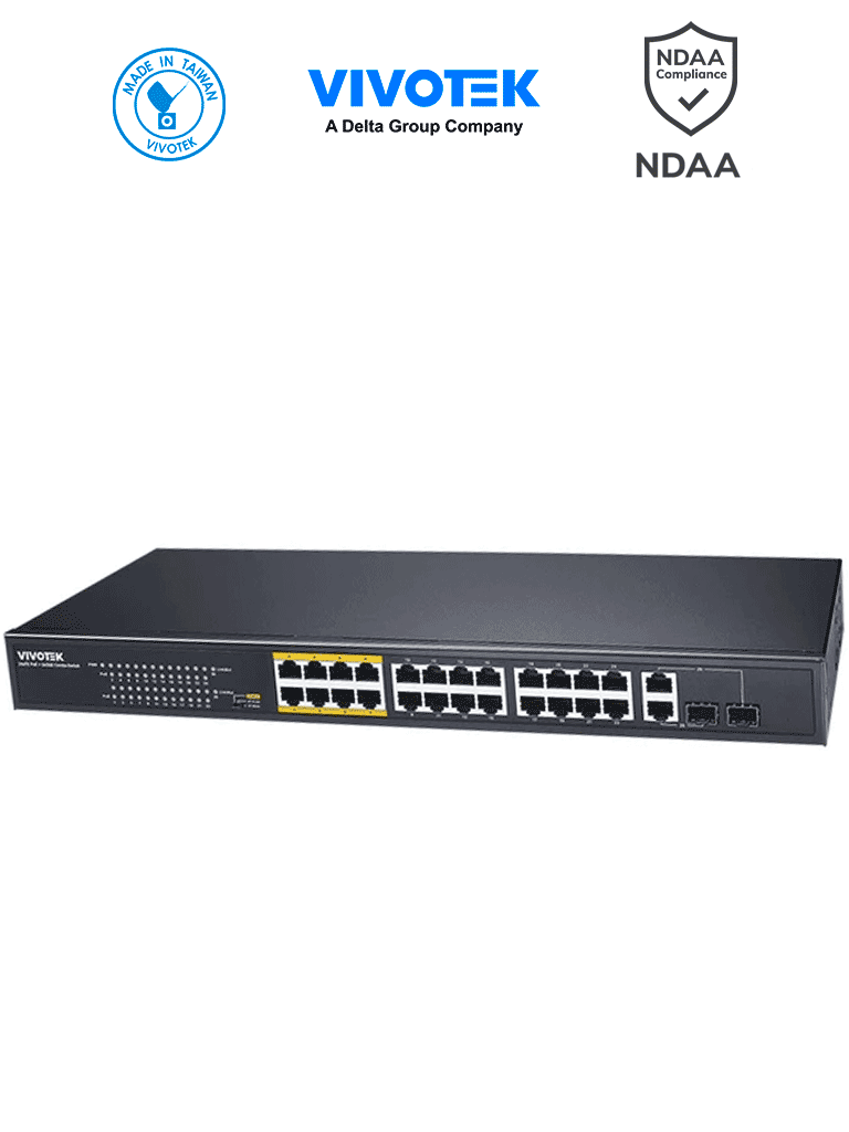 Switch Vivotek AW-FGT-260F-380, 24 Puertos PoE FE RJ45, 2 Combo GE RJ45/SFP, 30W por Puerto, 380W, 8 Puertos Modo Extendido, 8.8Gbps, Protección 6kV