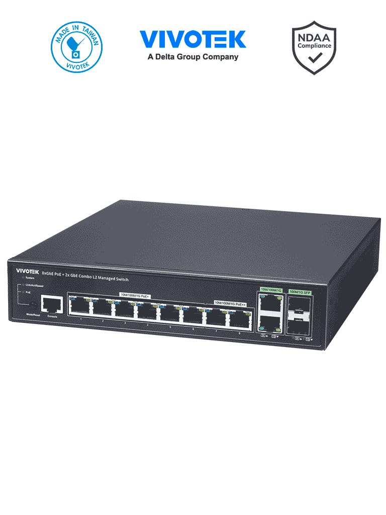 VIVOTEK Switch Gigabit PoE AW-GEV-108A-130, 8 Puertos GE, 150W Totales, Compatible con VIVOCAM