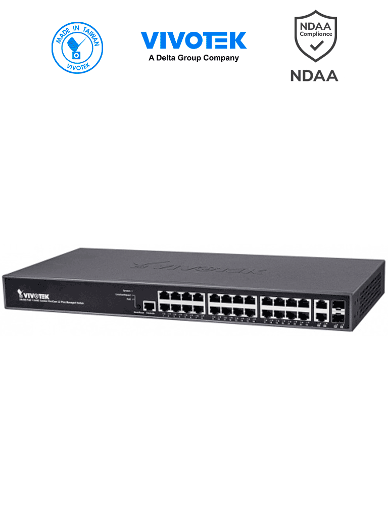 Switch PoE Administrable VIVOTEK AW-GEV-264B-370, 24 puertos RJ45, 2 puertos SFP, 30W por puerto, 370W Totales, 52Gbps, Protección 6KV