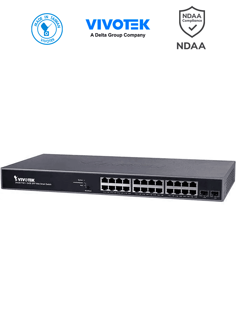 Switch Vivotek AW-GEV-267A-370 VivoCam PoE L2 con 24 Puertos GE RJ45, 2 Puertos Combo GE RJ45/SFP, 370W, 30W por Puerto, 52Gbps, IP