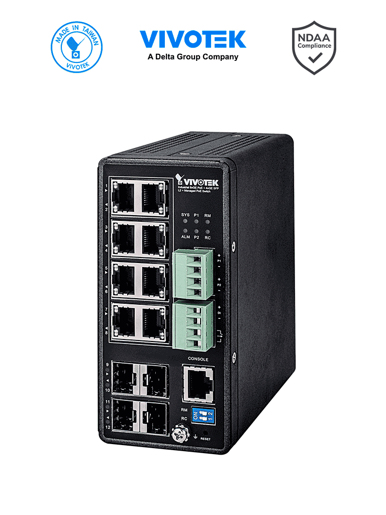 VIVOTEK Switch PoE Industrial AW-IHT-1271, 8 Puertos GE PoE, 240W Totales, Administrable