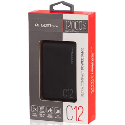 Power Bank Argomtech C12 12000mAh 2 Puertos 2.1A/2A Ultracompacto Negro