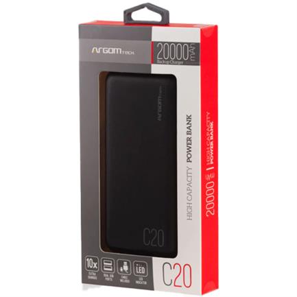 Power Bank Argomtech C20 20000mAh 2 Puertos 2.1A/2A Negro Alta Capacidad