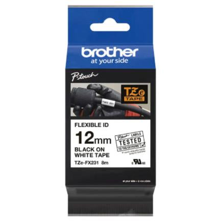 Cinta Brother TZEFX231 Laminada Flexible Texto Negro Fondo Blanco 12mmx8m