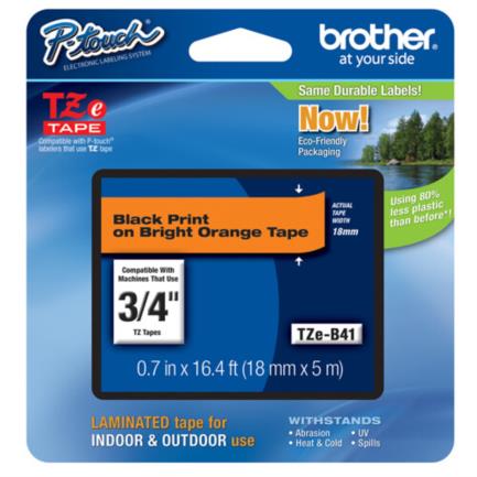 Cinta Brother TZEB41 Laminada Negro Sobre Fondo Naranja 18mmx8m PT300/310B/330/530