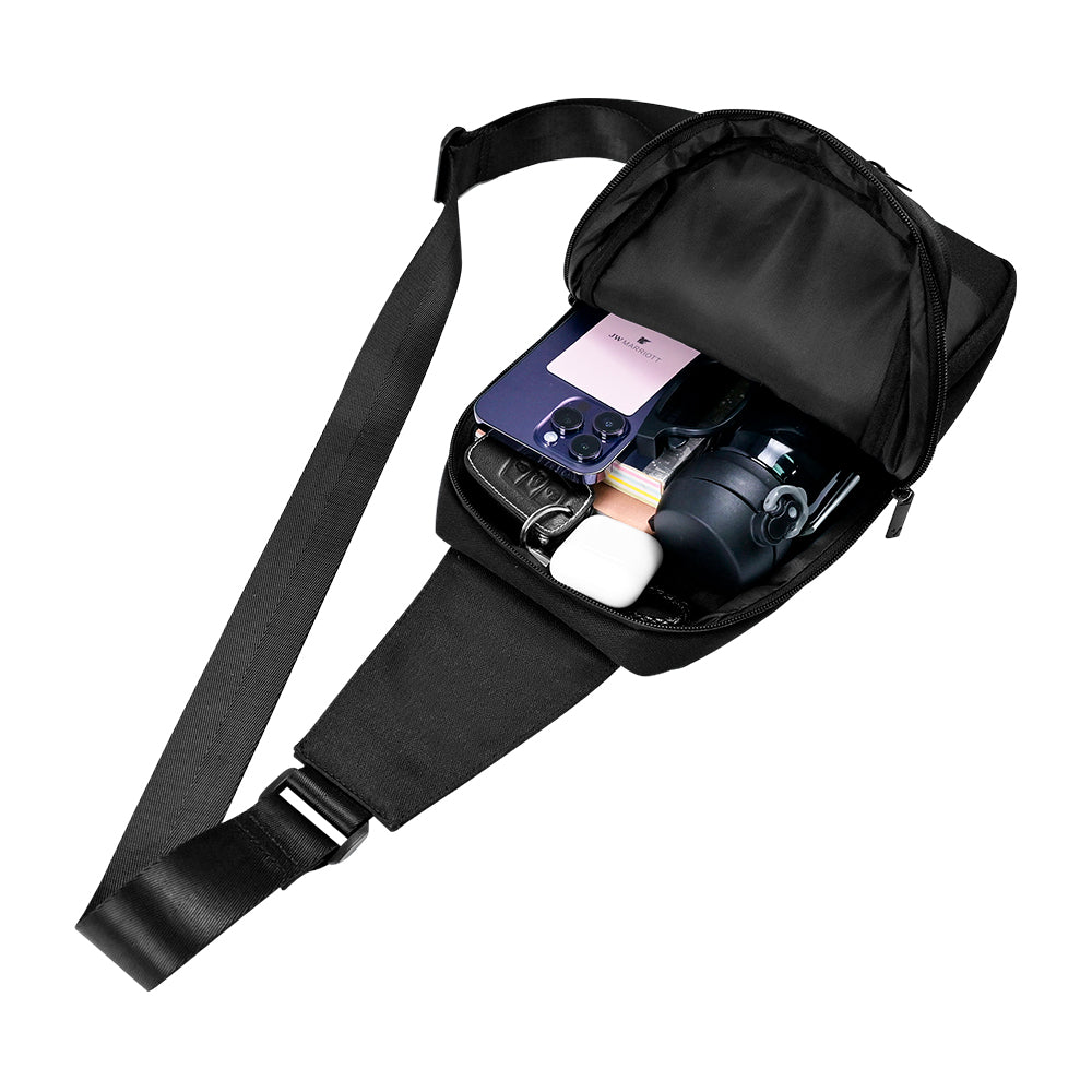 MOCHILA PECHERA CRUZADA VORAGO POLYESTER NEGRA, 3 COMPARTIMENTOS, 15", AJUSTABLE