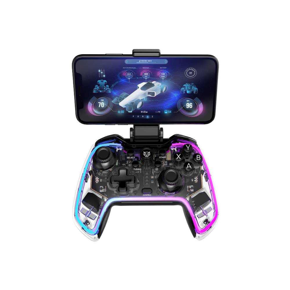 Gamepad BALAM RUSH Kontrol Glow G595 Android, IOS, PC, PS3, PS4, Switch / Inalámbrico Bluetooth 5.0 + 2.4 GHz/ RGB + Con Vibración + Botones Programables / Neon Transparente